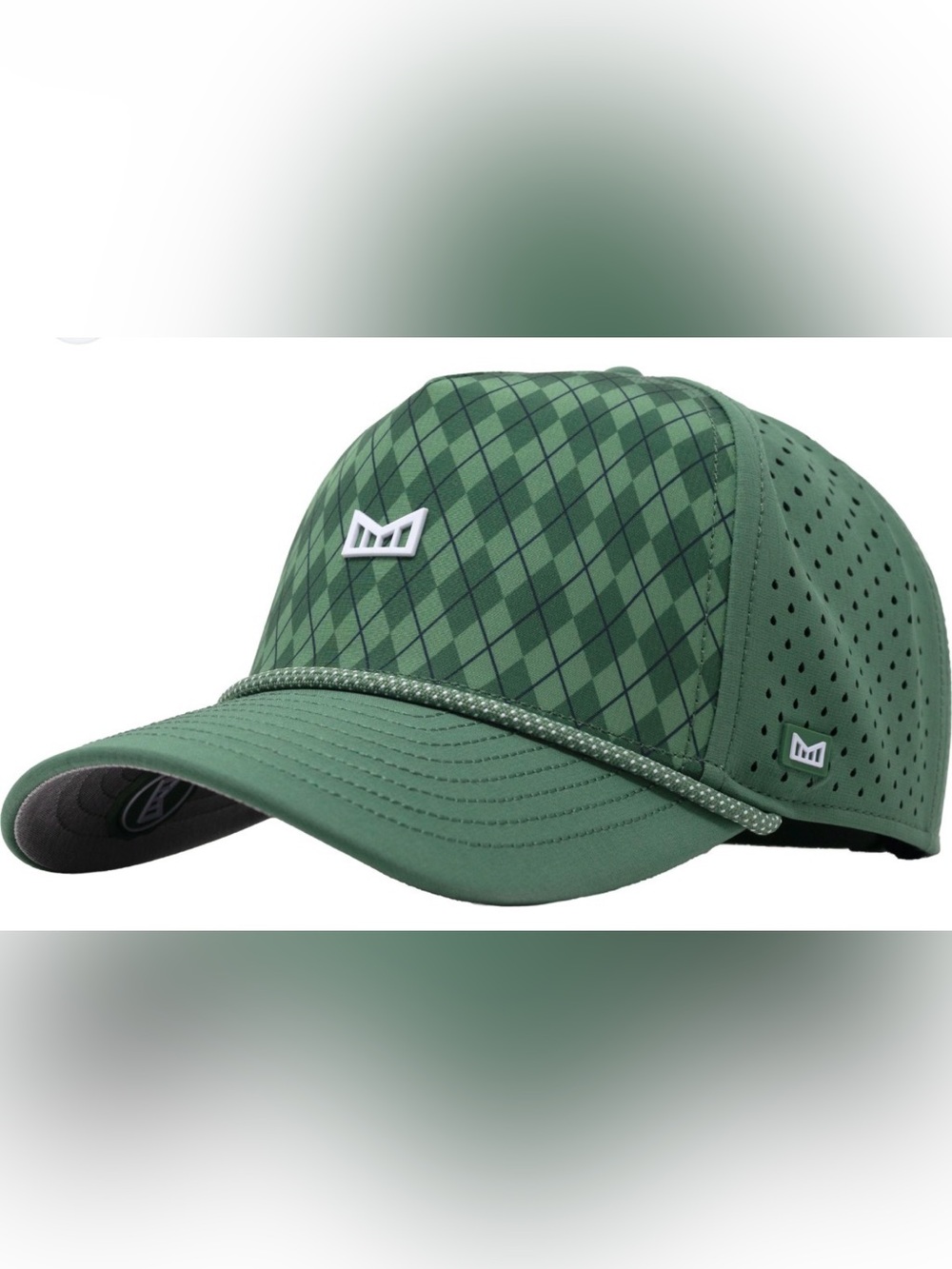 This is a green Melin Odyssey Links Hydro hat with an argyle pattern.